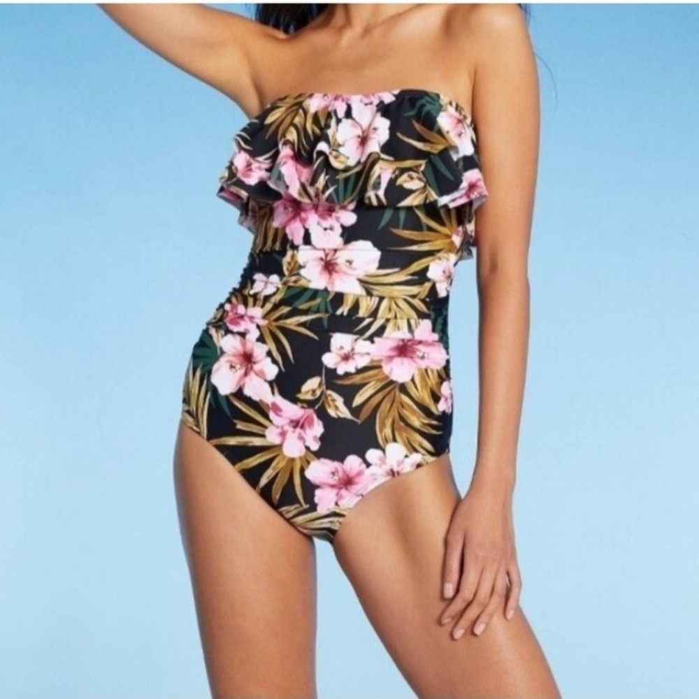KONA SOL SWIM ONE-PIECE BATHING SUIT WOMENS SIZE L tropical green pink black